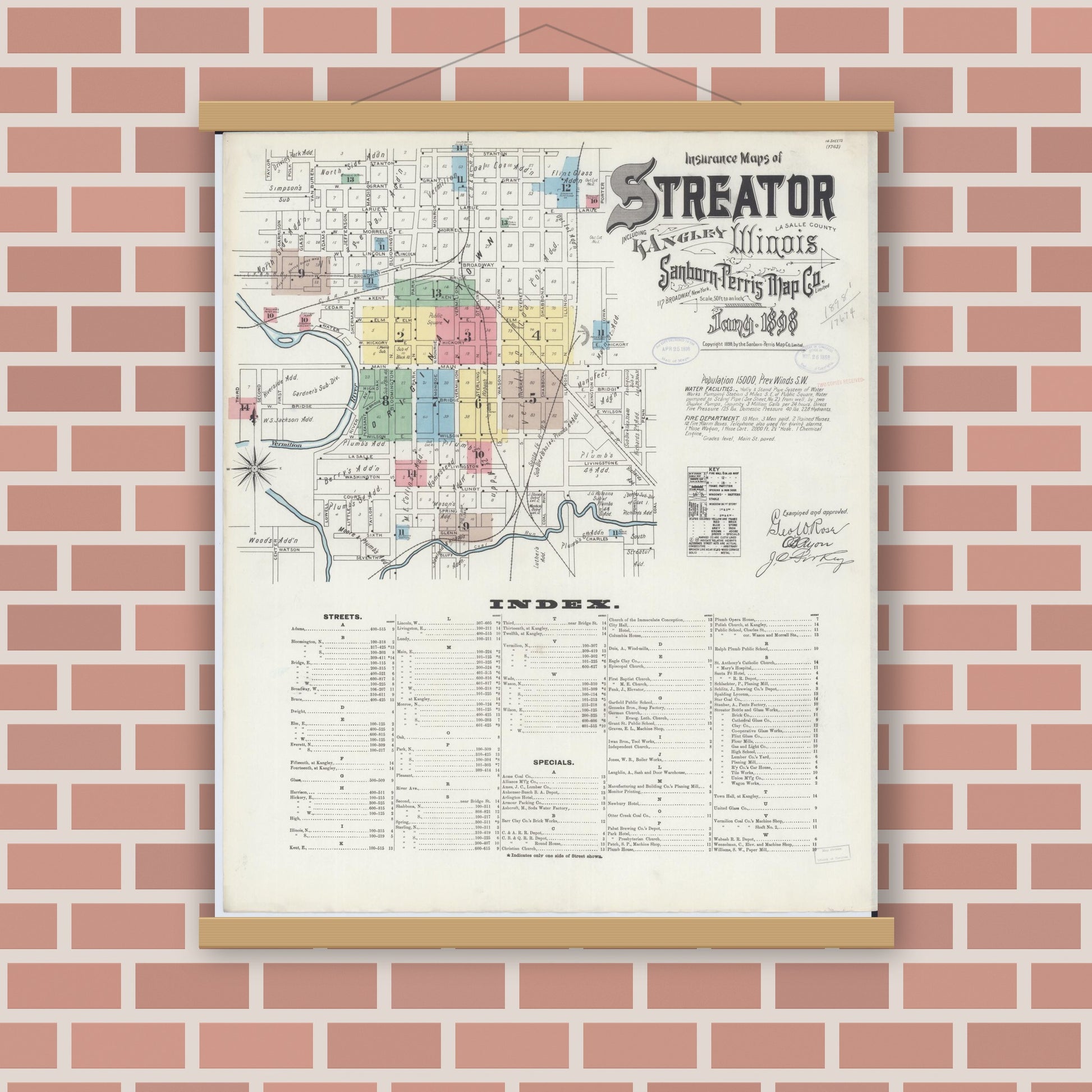 Old map wall art mockup — magnetic wood frame on brick wall — Sanborn Fire Insurance Map from Streator, La Salle County, Illinois (1898) - Complete Map Set