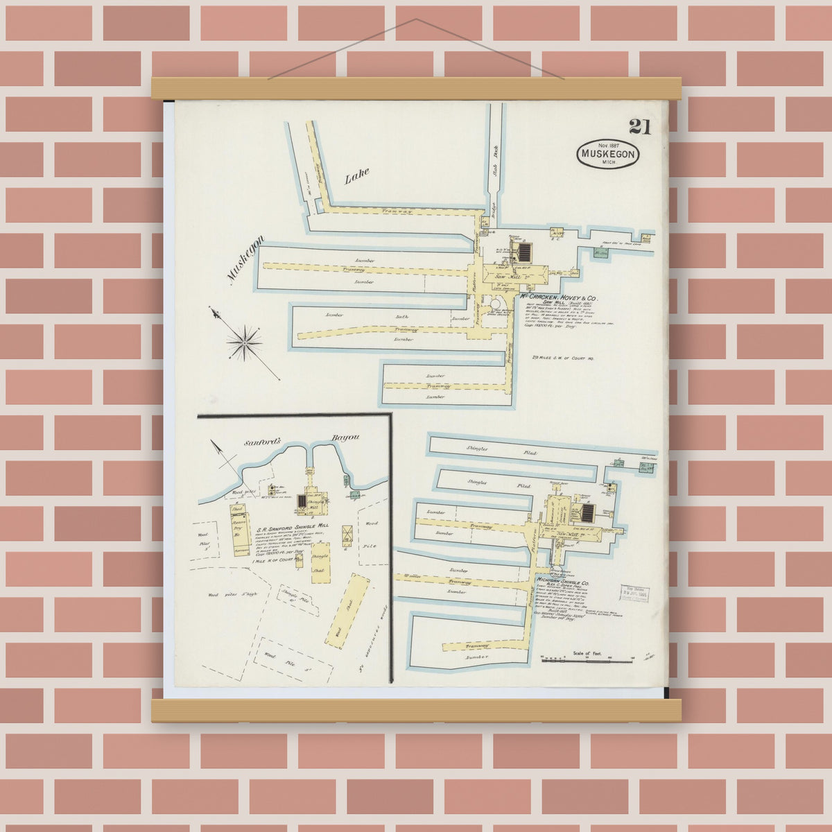 Old map wall art mockup — magnetic wood frame on brick wall — Sanborn Fire Insurance Map from Muskegon, Muskegon County, Michigan (1887), Sheet #0021