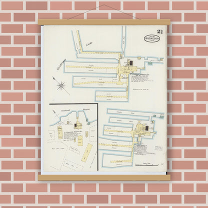 Old map wall art mockup — magnetic wood frame on brick wall — Sanborn Fire Insurance Map from Muskegon, Muskegon County, Michigan (1887), Sheet #0021
