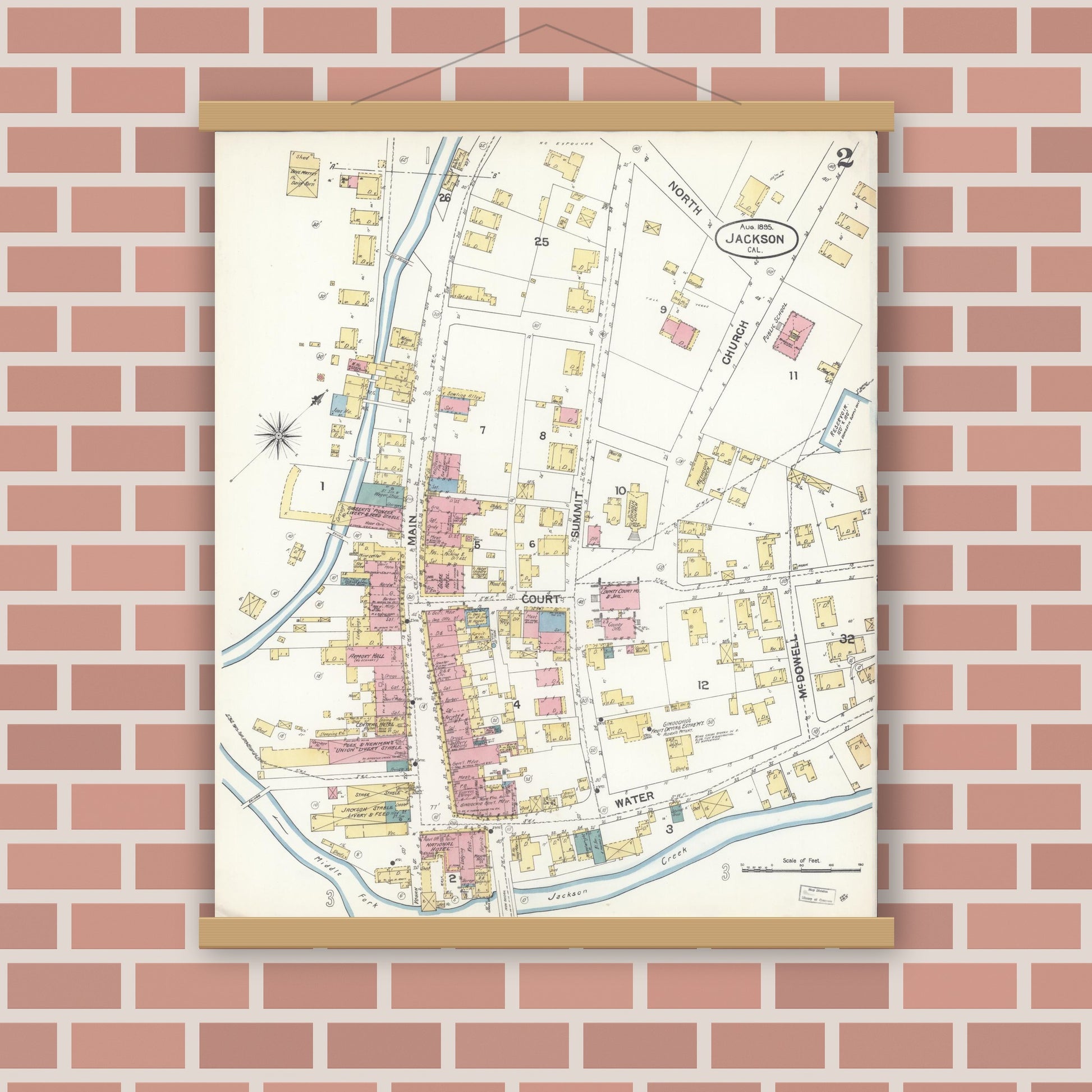 Old map wall art mockup — magnetic wood frame on brick wall — Sanborn Fire Insurance Map from Jackson, Amador County, California (1895), Sheet #0002