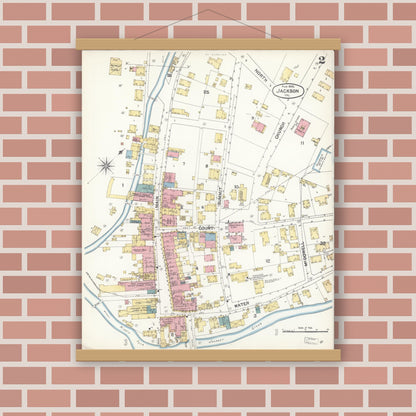 Old map wall art mockup — magnetic wood frame on brick wall — Sanborn Fire Insurance Map from Jackson, Amador County, California (1895), Sheet #0002