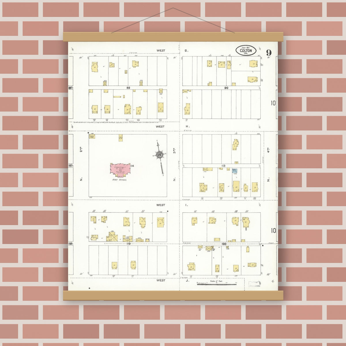 Old map wall art mockup — magnetic wood frame on brick wall — Sanborn Fire Insurance Map from Colton, San Bernardino County, California (1911), Sheet #0009