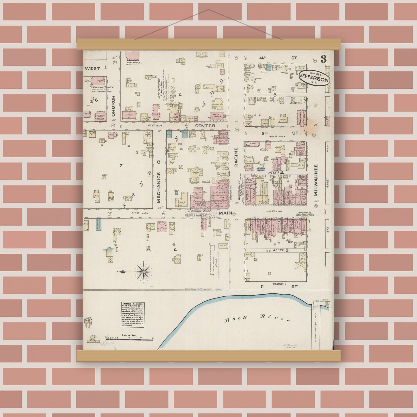 Old map wall art mockup — magnetic wood frame on brick wall — Sanborn Fire Insurance Map from Jefferson, Jefferson County, Wisconsin (1884), Sheet #0003