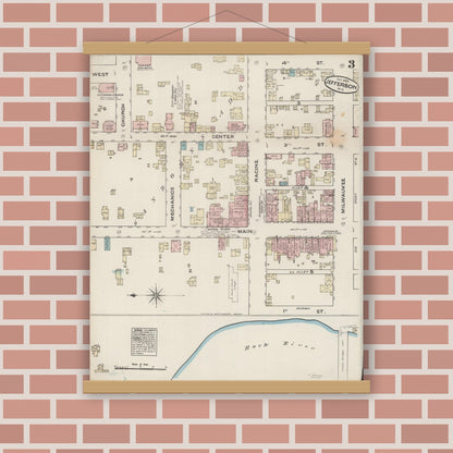 Old map wall art mockup — magnetic wood frame on brick wall — Sanborn Fire Insurance Map from Jefferson, Jefferson County, Wisconsin (1884), Sheet #0003