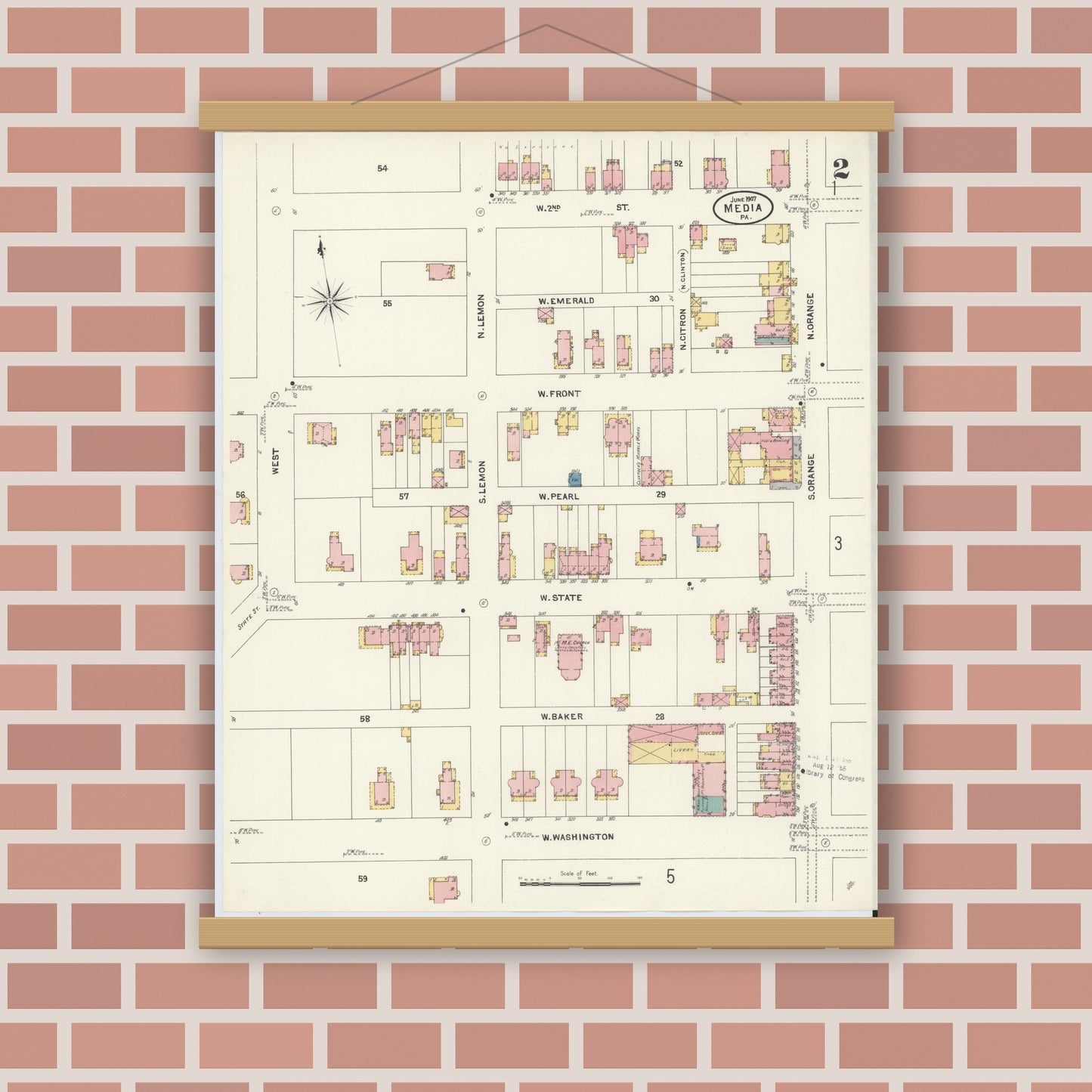 Old map wall art mockup — magnetic wood frame on brick wall — Sanborn Fire Insurance Map from Media, Delaware County, Pennsylvania (1907), Sheet #0002