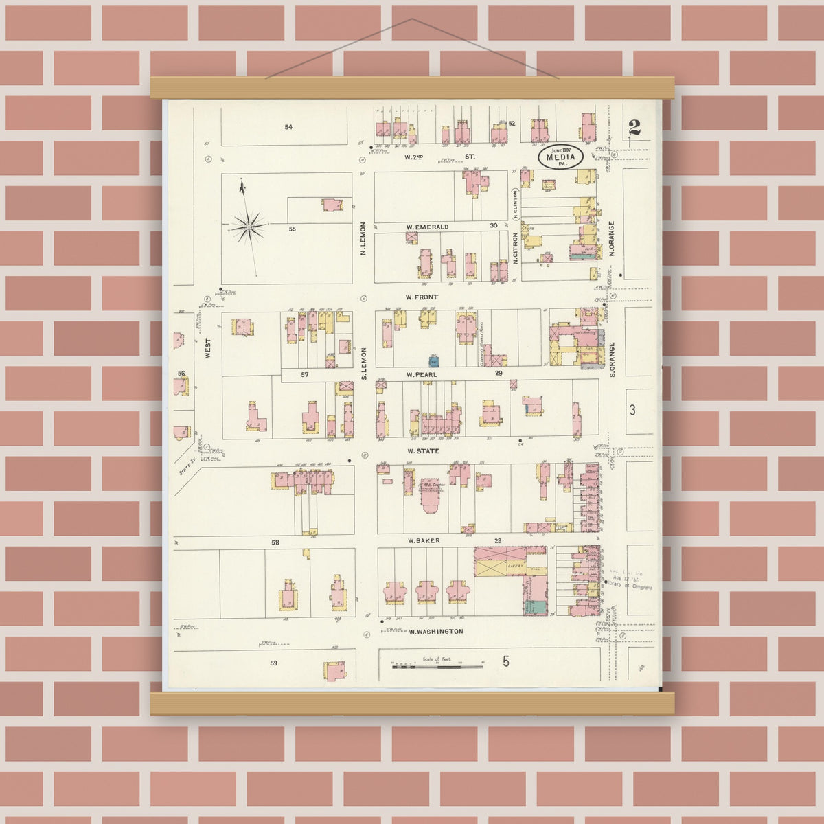 Old map wall art mockup — magnetic wood frame on brick wall — Sanborn Fire Insurance Map from Media, Delaware County, Pennsylvania (1907), Sheet #0002