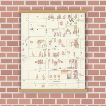 Old map wall art mockup — magnetic wood frame on brick wall — Sanborn Fire Insurance Map from Media, Delaware County, Pennsylvania (1907), Sheet #0002