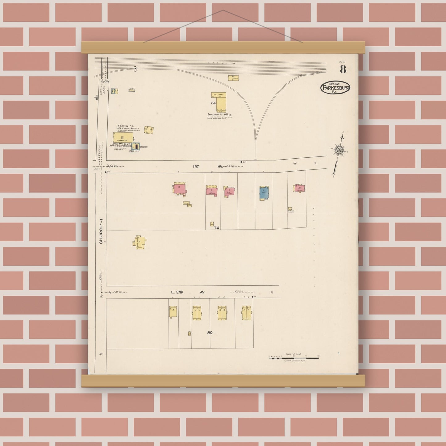 Old map wall art mockup — magnetic wood frame on brick wall — Sanborn Fire Insurance Map from Parkesburg, Chester County, Pennsylvania (1921), Sheet #0008