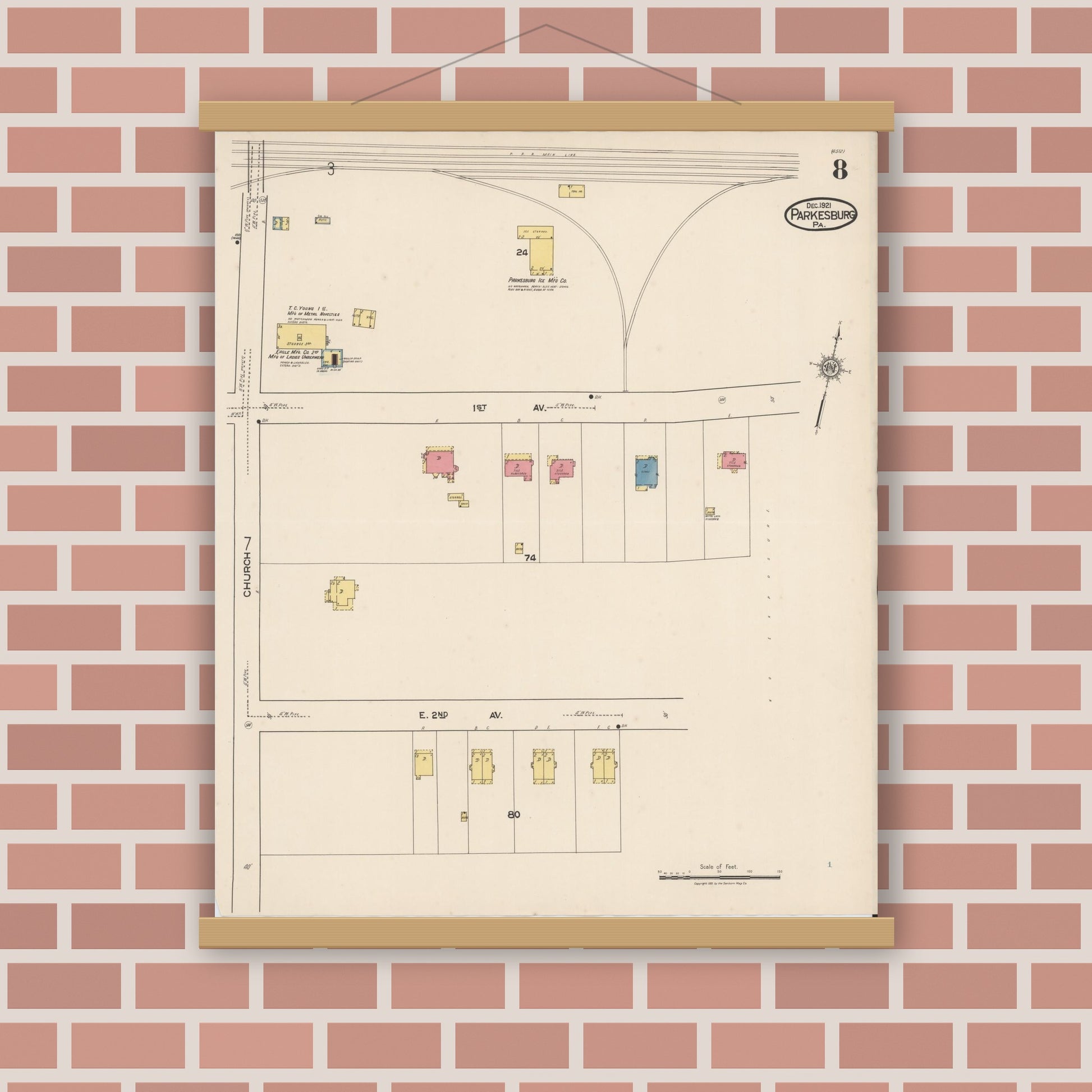 Old map wall art mockup — magnetic wood frame on brick wall — Sanborn Fire Insurance Map from Parkesburg, Chester County, Pennsylvania (1921), Sheet #0008