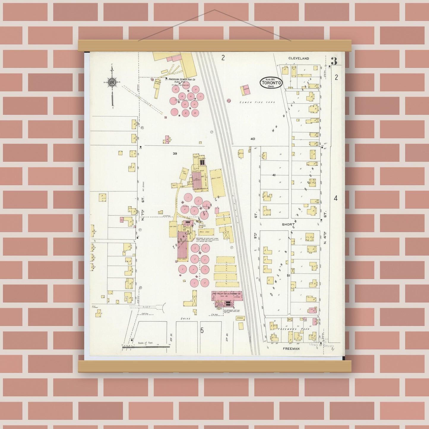 Old map wall art mockup — magnetic wood frame on brick wall — Sanborn Fire Insurance Map from Toronto, Jefferson County, Ohio (1911), Sheet #0003
