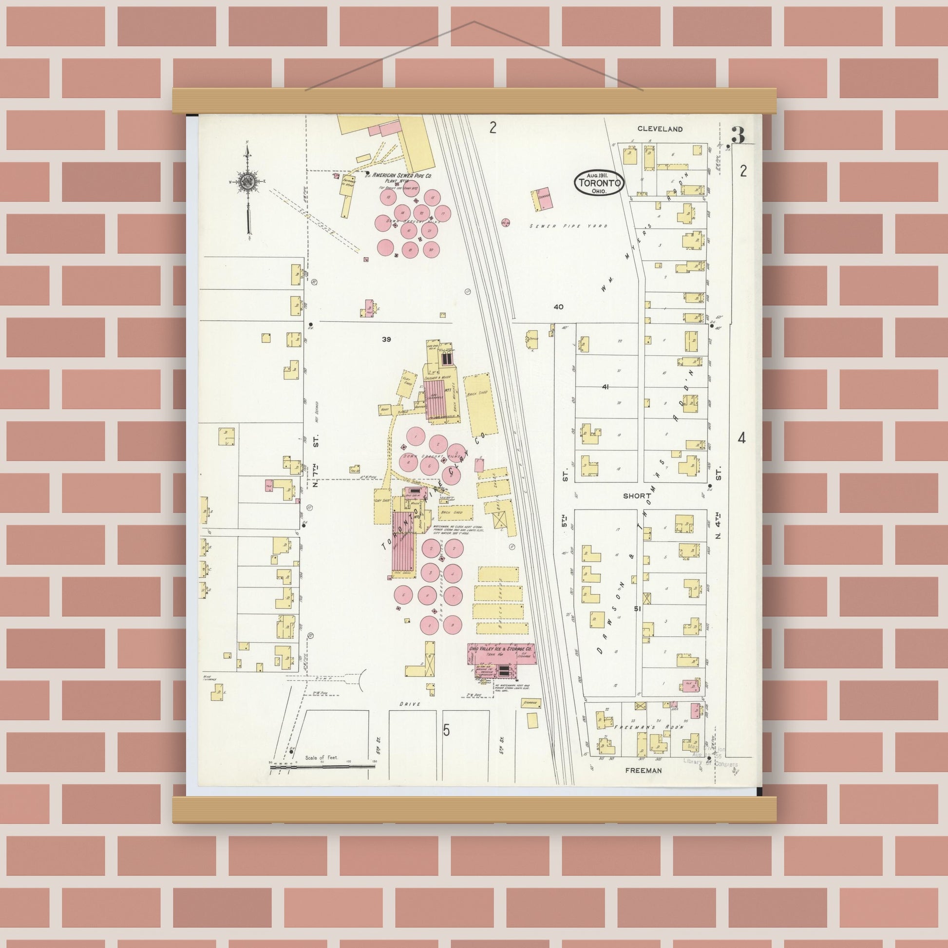 Old map wall art mockup — magnetic wood frame on brick wall — Sanborn Fire Insurance Map from Toronto, Jefferson County, Ohio (1911), Sheet #0003