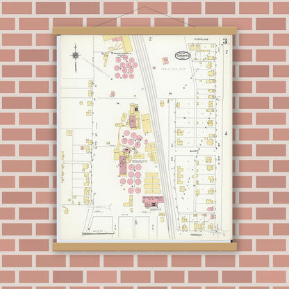 Old map wall art mockup — magnetic wood frame on brick wall — Sanborn Fire Insurance Map from Toronto, Jefferson County, Ohio (1911), Sheet #0003