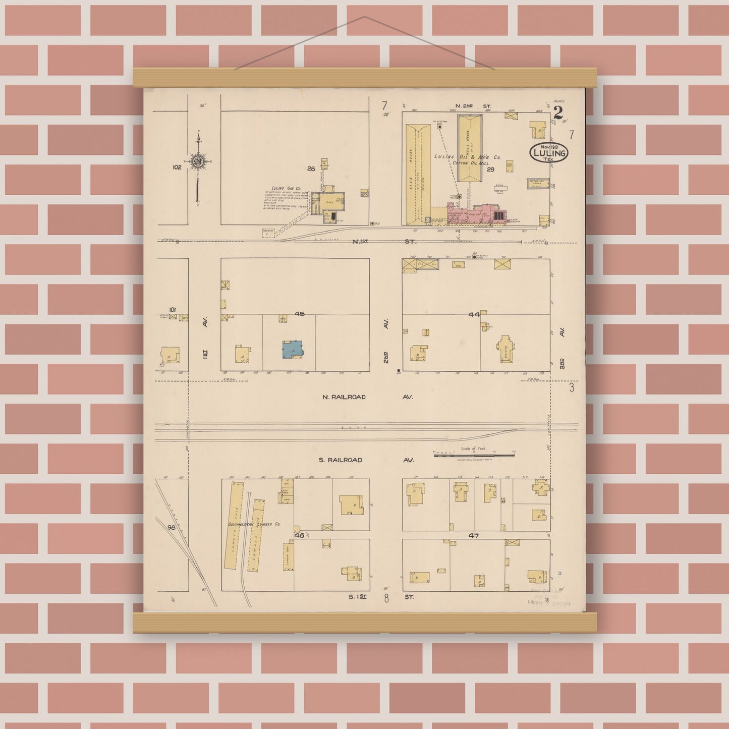 Old map wall art mockup — magnetic wood frame on brick wall — Sanborn Fire Insurance Map from Luling, Caldwell County, Texas (1921), Sheet #0002