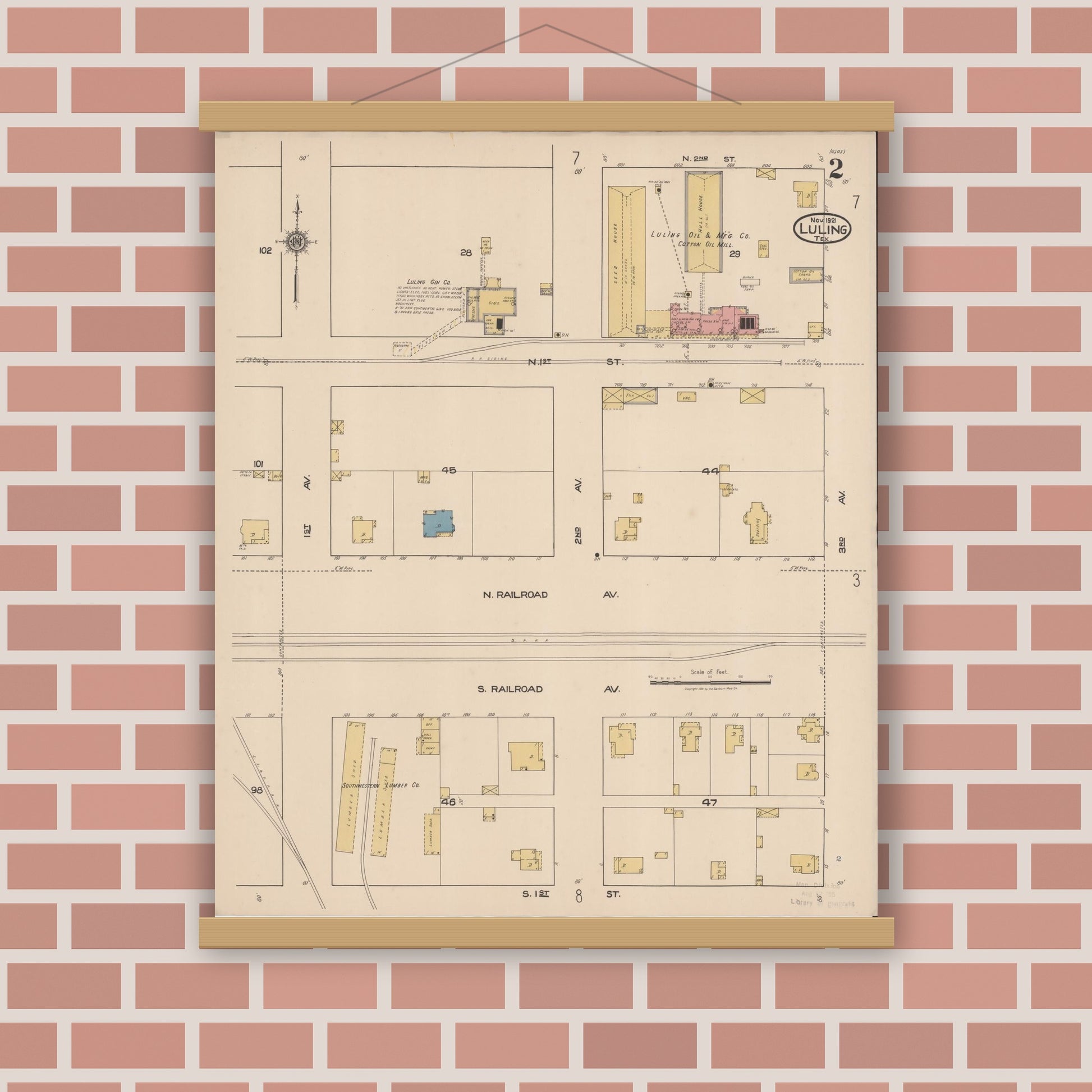 Old map wall art mockup — magnetic wood frame on brick wall — Sanborn Fire Insurance Map from Luling, Caldwell County, Texas (1921), Sheet #0002