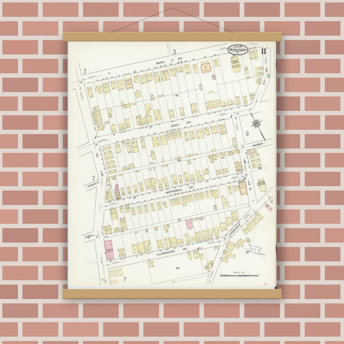 Old map wall art mockup — magnetic wood frame on brick wall — Sanborn Fire Insurance Map from Monessen, Westmoreland County, Pennsylvania (1914), Sheet #0008