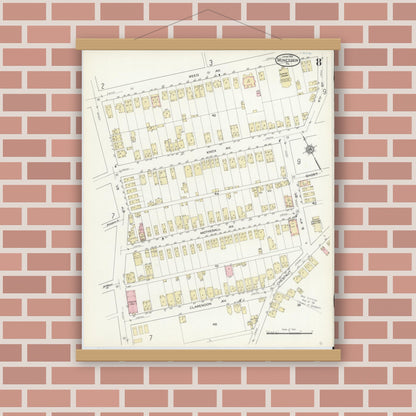 Old map wall art mockup — magnetic wood frame on brick wall — Sanborn Fire Insurance Map from Monessen, Westmoreland County, Pennsylvania (1914), Sheet #0008