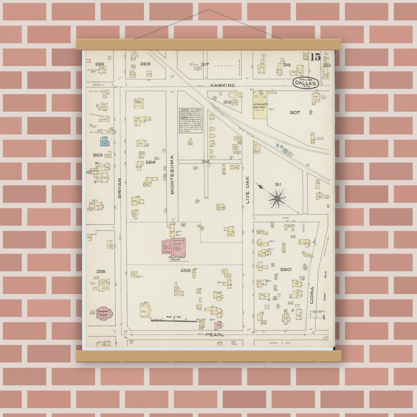 Old map wall art mockup — magnetic wood frame on brick wall — Sanborn Fire Insurance Map from Dallas, Dallas County, Texas (1885), Sheet #0015