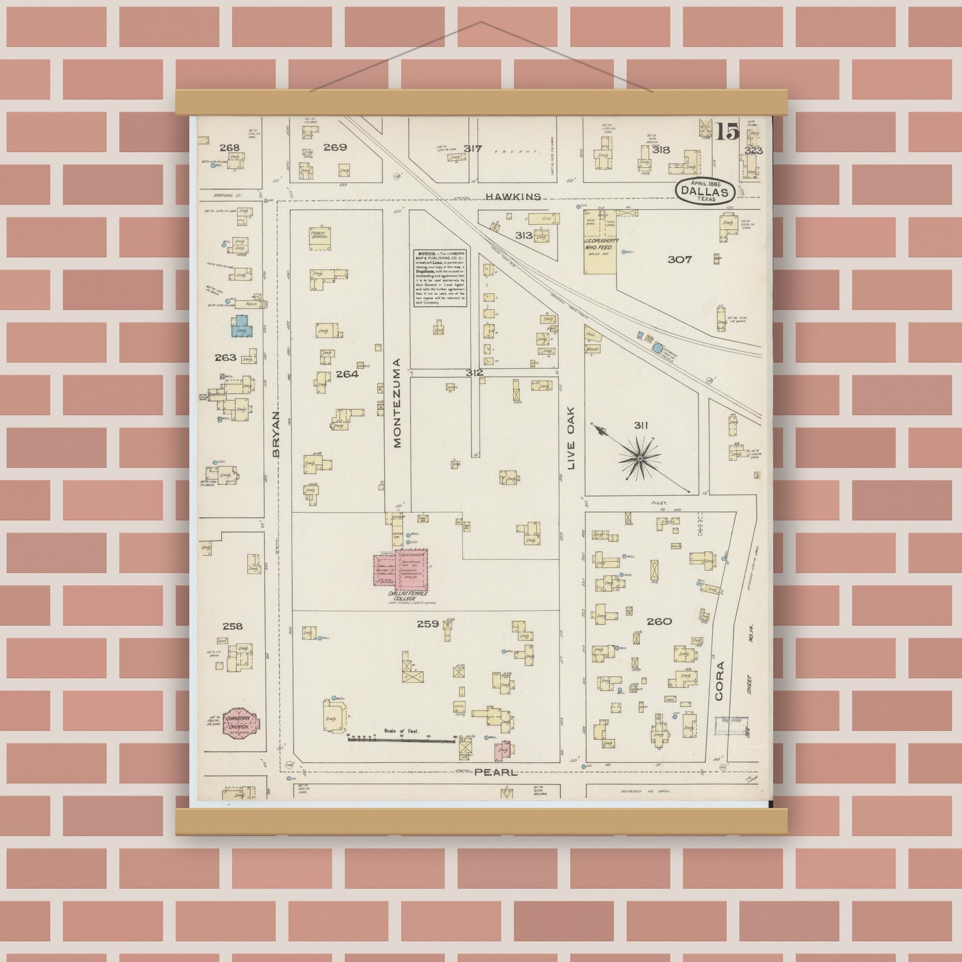 Old map wall art mockup — magnetic wood frame on brick wall — Sanborn Fire Insurance Map from Dallas, Dallas County, Texas (1885), Sheet #0015