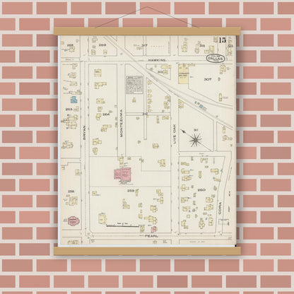 Old map wall art mockup — magnetic wood frame on brick wall — Sanborn Fire Insurance Map from Dallas, Dallas County, Texas (1885), Sheet #0015