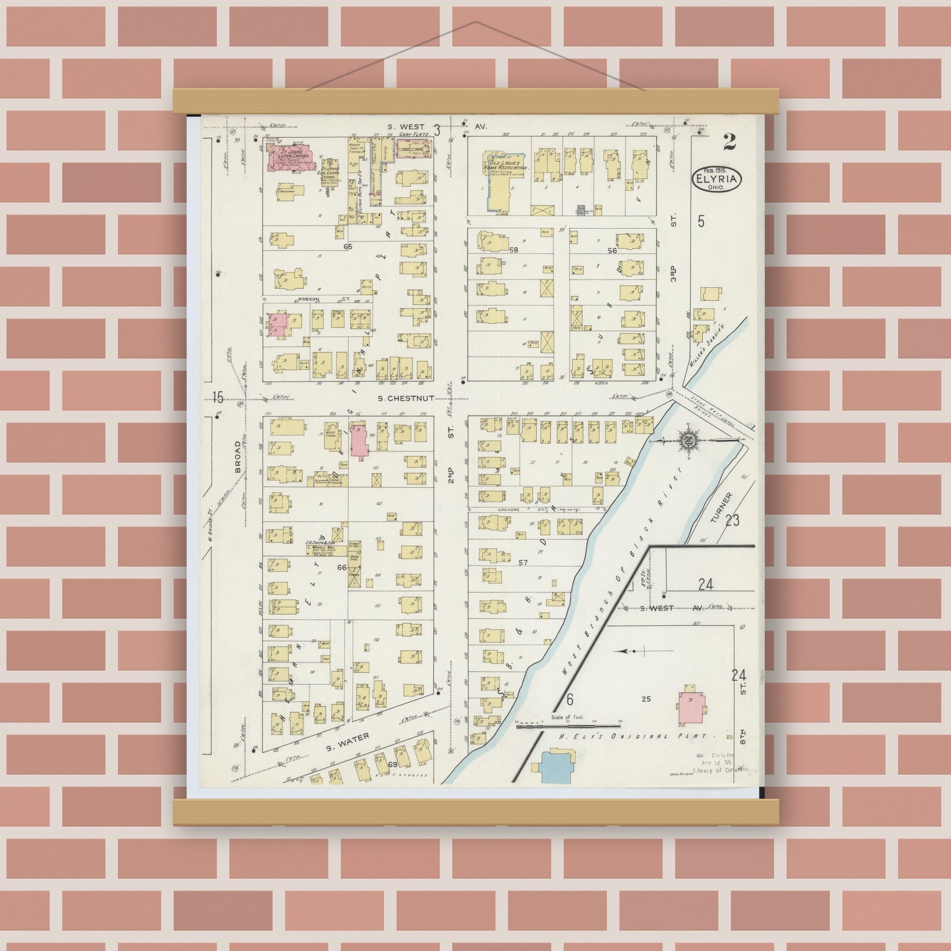 Old map wall art mockup — magnetic wood frame on brick wall — Sanborn Fire Insurance Map from Elyria, Lorain County, Ohio (1915), Sheet #0002