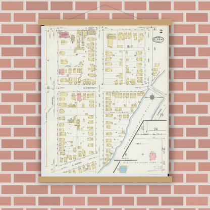 Old map wall art mockup — magnetic wood frame on brick wall — Sanborn Fire Insurance Map from Elyria, Lorain County, Ohio (1915), Sheet #0002