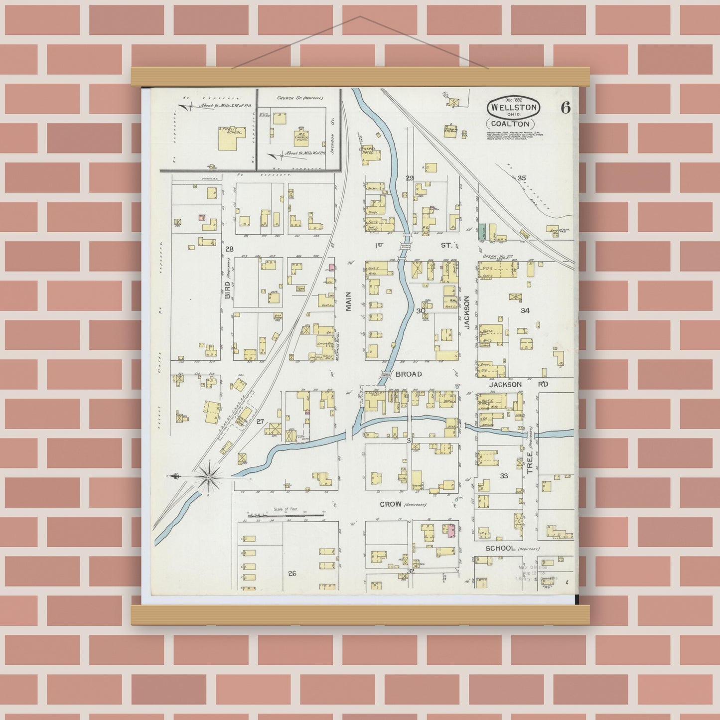 Old map wall art mockup — magnetic wood frame on brick wall — Sanborn Fire Insurance Map from Wellston, Jackson County, Ohio (1892), Sheet #0006