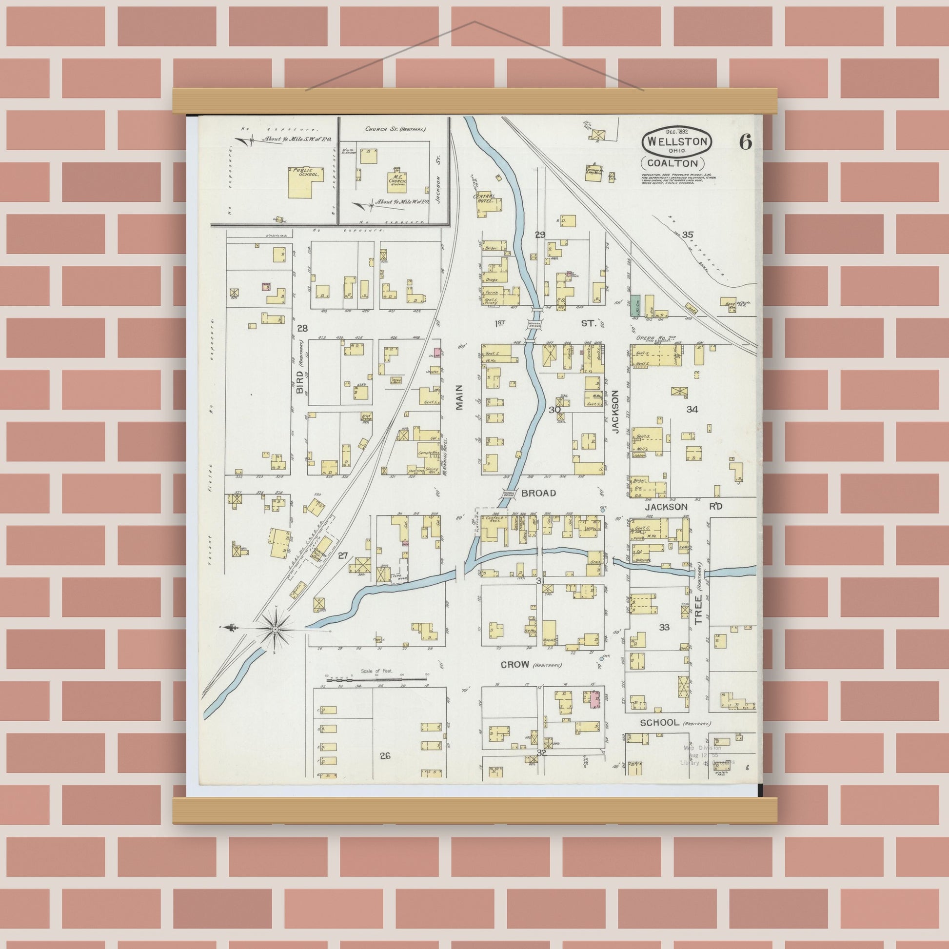 Old map wall art mockup — magnetic wood frame on brick wall — Sanborn Fire Insurance Map from Wellston, Jackson County, Ohio (1892), Sheet #0006
