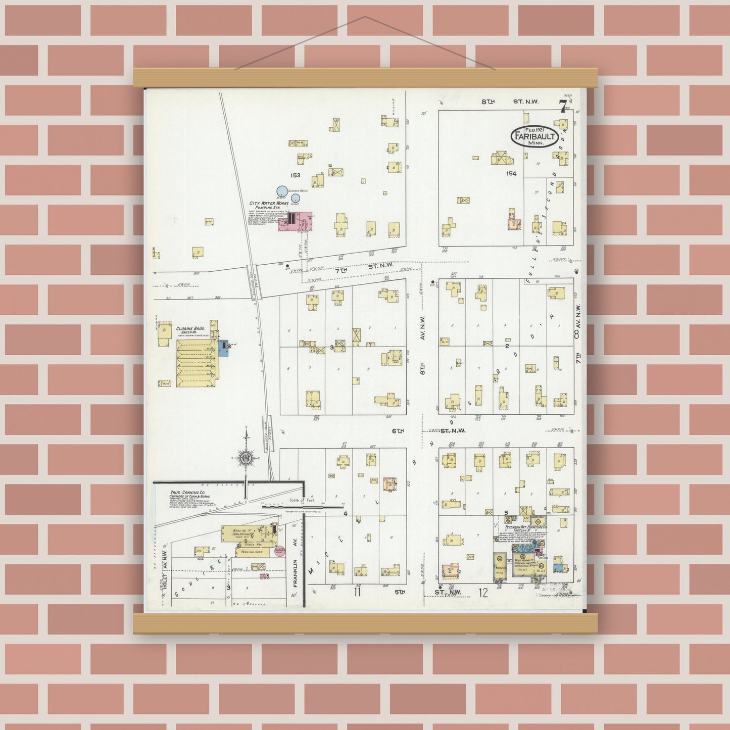 Old map wall art mockup — magnetic wood frame on brick wall — Sanborn Fire Insurance Map from Faribault, Rice County, Minnesota (1921), Sheet #0007