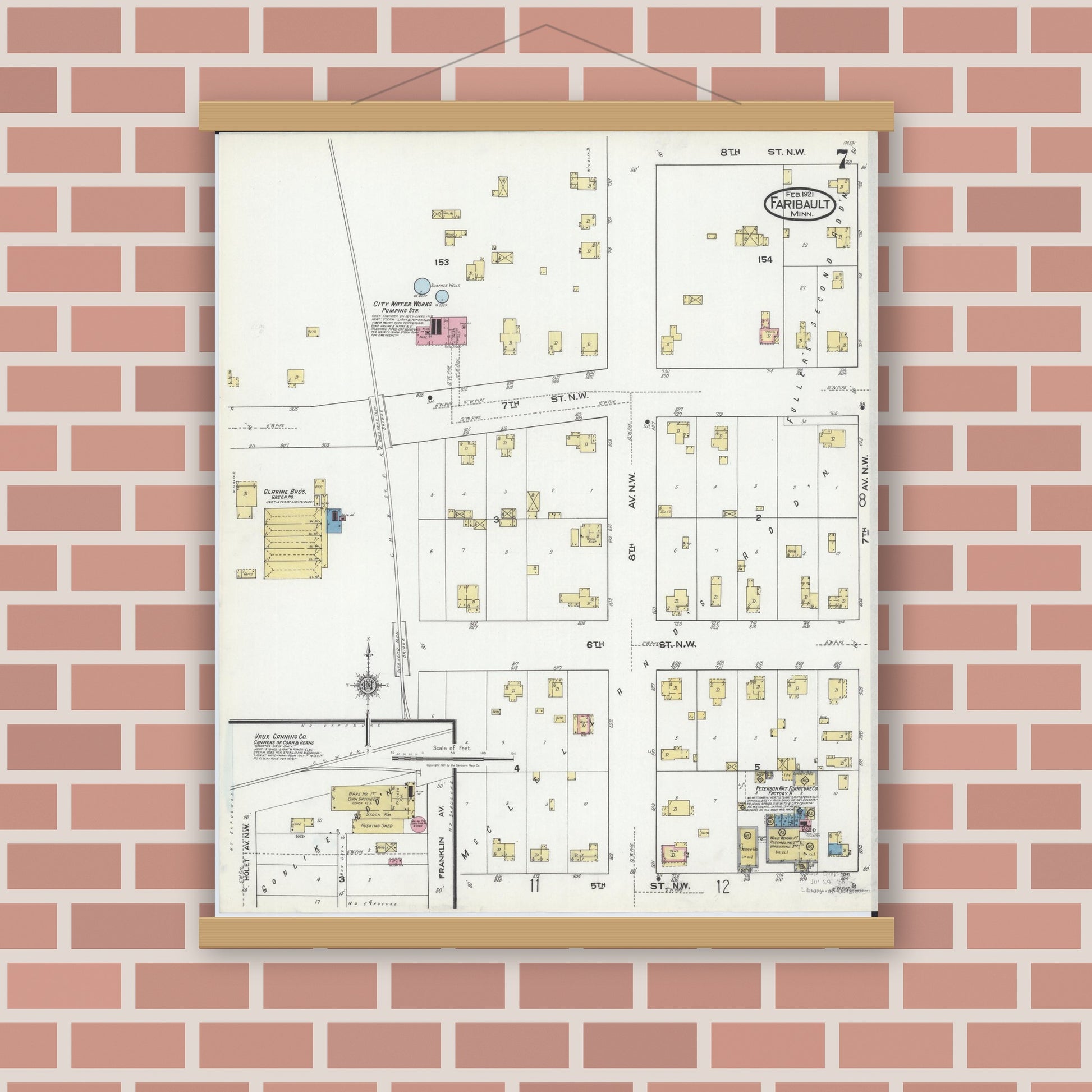 Old map wall art mockup — magnetic wood frame on brick wall — Sanborn Fire Insurance Map from Faribault, Rice County, Minnesota (1921), Sheet #0007