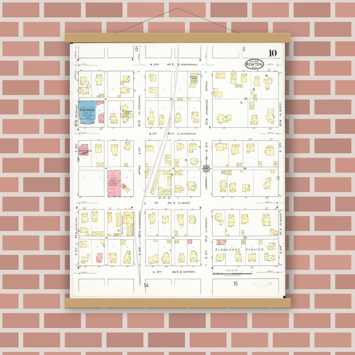 Old map wall art mockup — magnetic wood frame on brick wall — Sanborn Fire Insurance Map from Newton, Jasper County, Iowa (1918), Sheet #0010