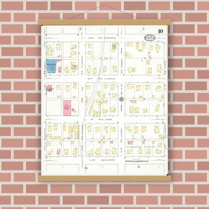 Old map wall art mockup — magnetic wood frame on brick wall — Sanborn Fire Insurance Map from Newton, Jasper County, Iowa (1918), Sheet #0010