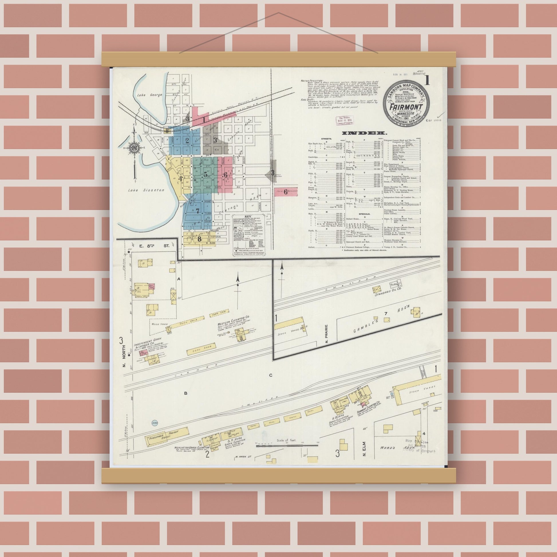 Old map wall art mockup — magnetic wood frame on brick wall — Sanborn Fire Insurance Map from Fairmont, Martin County, Minnesota (1911) - Complete Map Set