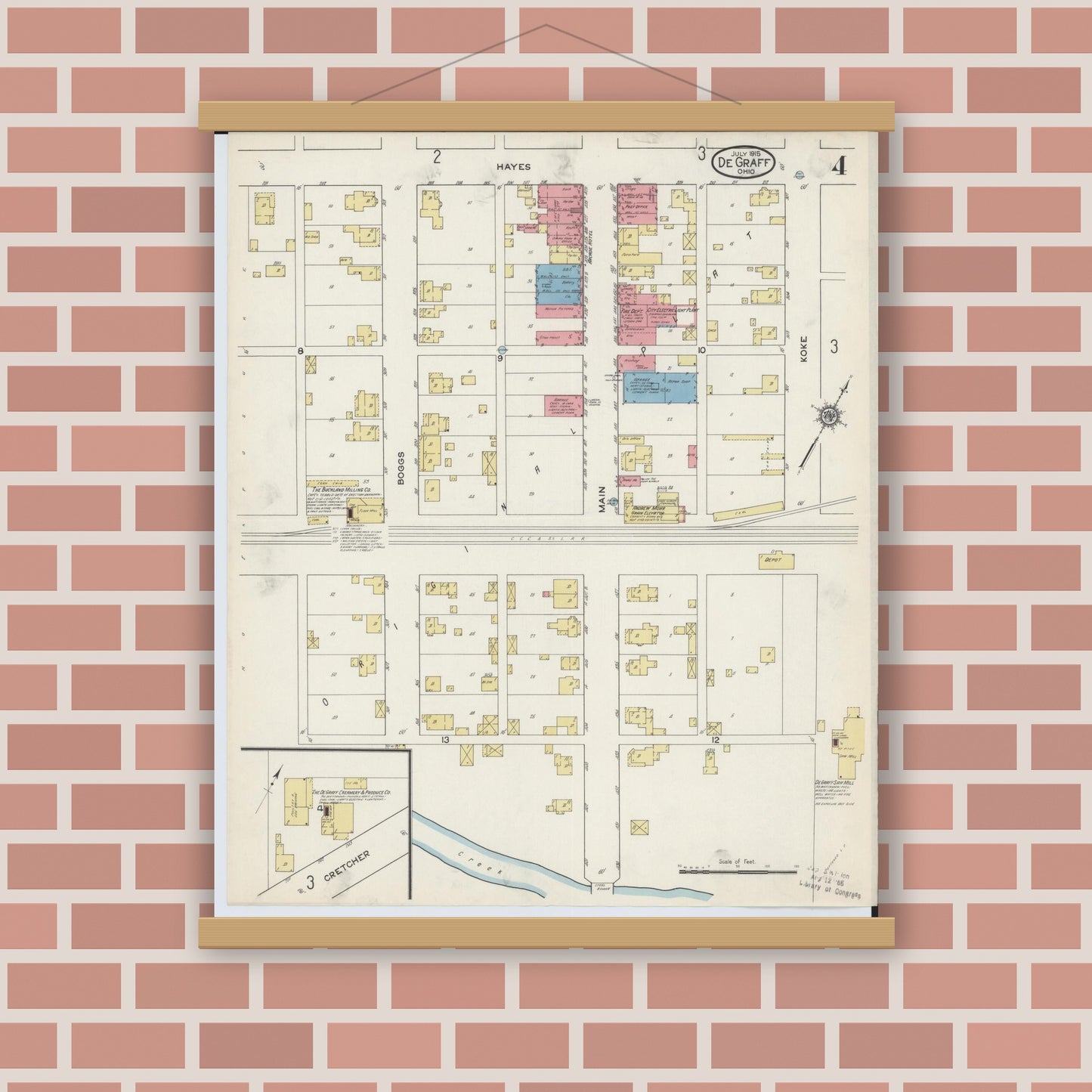 Old map wall art mockup — magnetic wood frame on brick wall — Sanborn Fire Insurance Map from Degraff, Logan County, Ohio (1915), Sheet #0004