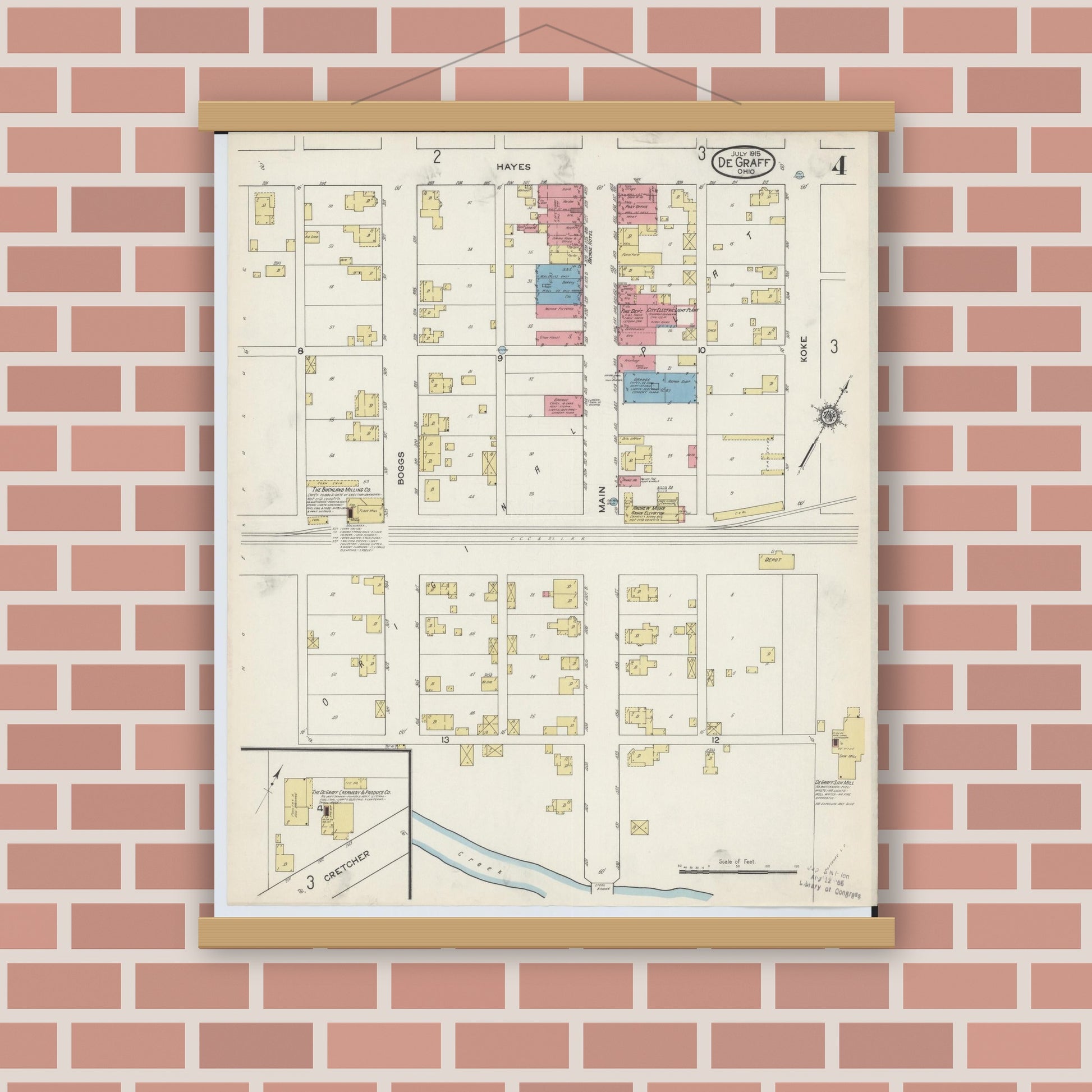 Old map wall art mockup — magnetic wood frame on brick wall — Sanborn Fire Insurance Map from Degraff, Logan County, Ohio (1915), Sheet #0004