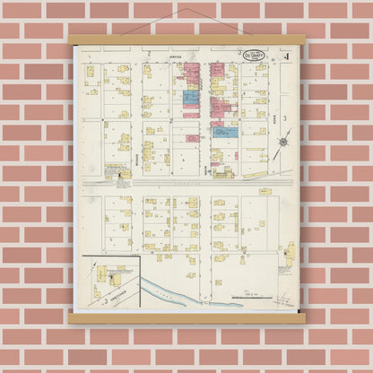 Old map wall art mockup — magnetic wood frame on brick wall — Sanborn Fire Insurance Map from Degraff, Logan County, Ohio (1915), Sheet #0004