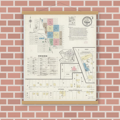 Old map wall art mockup — magnetic wood frame on brick wall — Sanborn Fire Insurance Map from Teague, Freestone County, Texas (1914), Sheet #0001