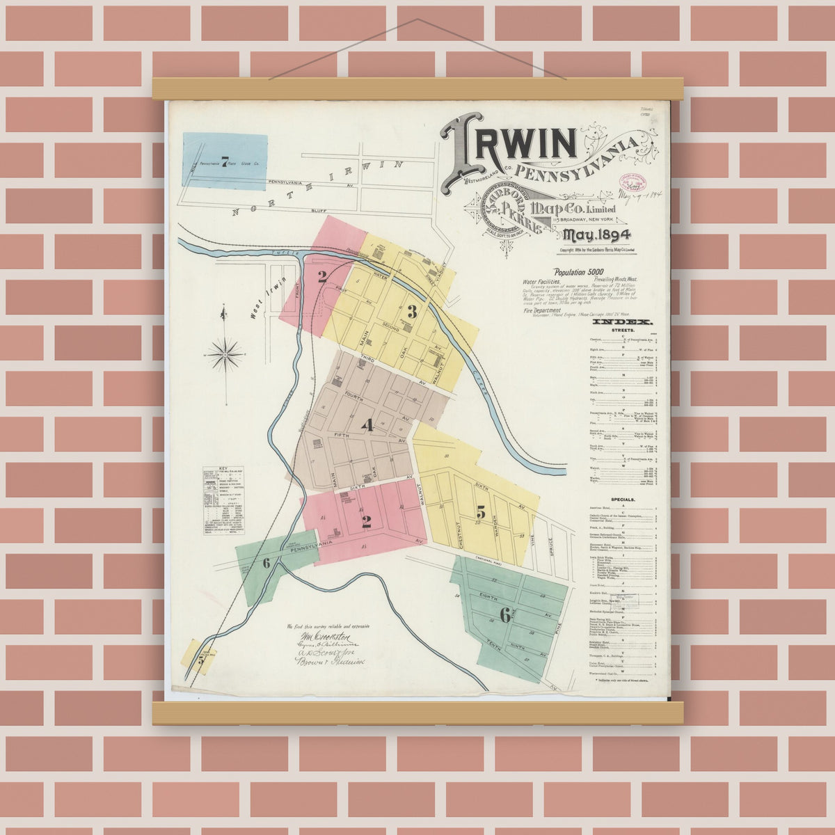 Old map wall art mockup — magnetic wood frame on brick wall — Sanborn Fire Insurance Map from Irwin, Westmoreland County, Pennsylvania (1894) - Complete Map Set