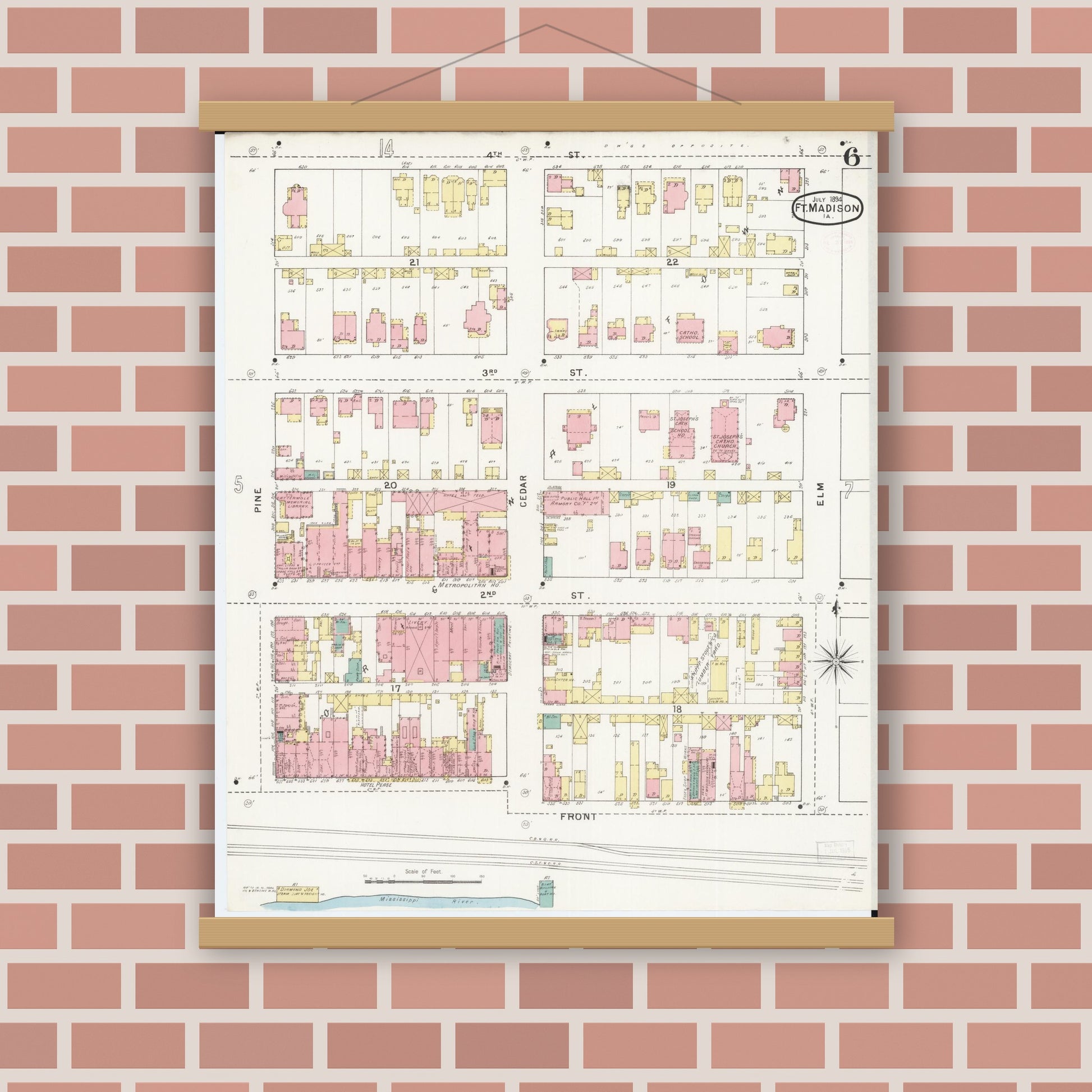 Old map wall art mockup — magnetic wood frame on brick wall — Sanborn Fire Insurance Map from Fort Madison, Lee County, Iowa (1894), Sheet #0006