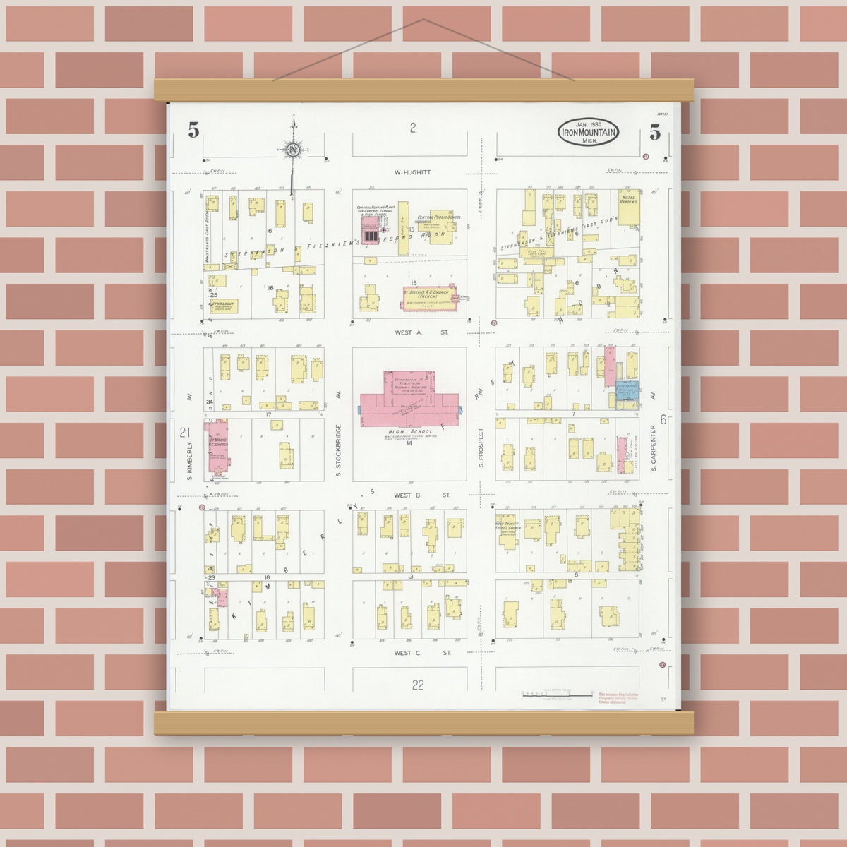 Old map wall art mockup — magnetic wood frame on brick wall — Sanborn Fire Insurance Map from Iron Mountain, Dickinson County, Michigan (1930), Sheet #0005
