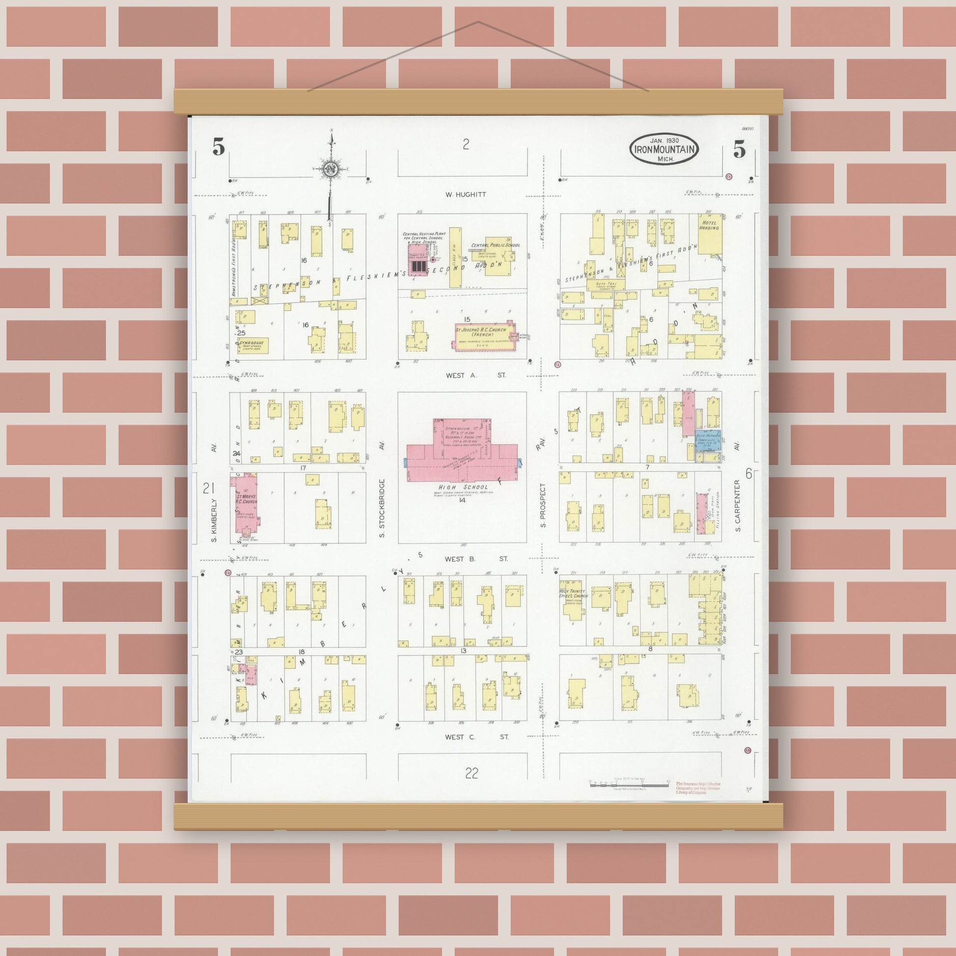 Old map wall art mockup — magnetic wood frame on brick wall — Sanborn Fire Insurance Map from Iron Mountain, Dickinson County, Michigan (1930), Sheet #0005