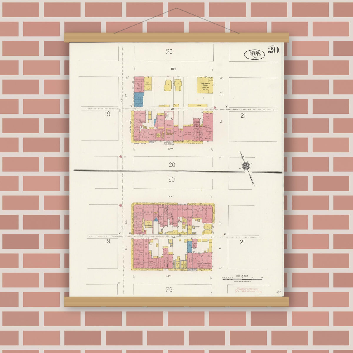 Old map wall art mockup — magnetic wood frame on brick wall — Sanborn Fire Insurance Map from Merced, Merced County, California (1922), Sheet #0020