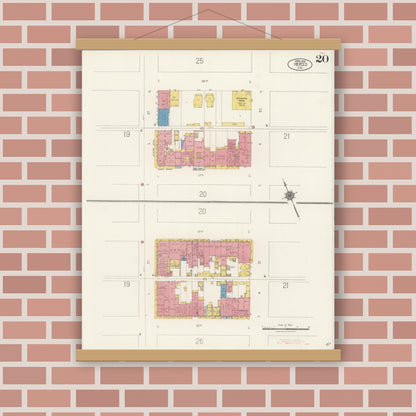 Old map wall art mockup — magnetic wood frame on brick wall — Sanborn Fire Insurance Map from Merced, Merced County, California (1922), Sheet #0020