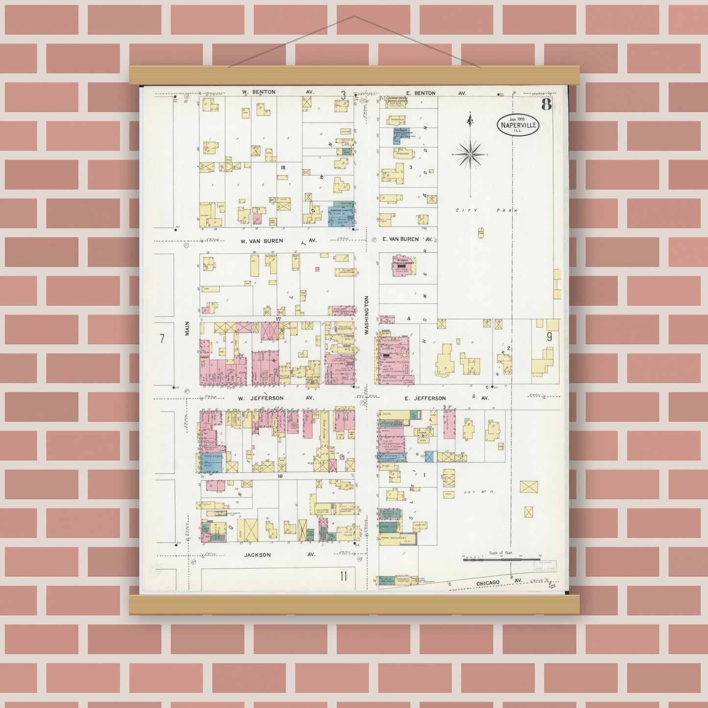 Old map wall art mockup — magnetic wood frame on brick wall — Sanborn Fire Insurance Map from Naperville, Du Page County, Illinois (1909), Sheet #0008
