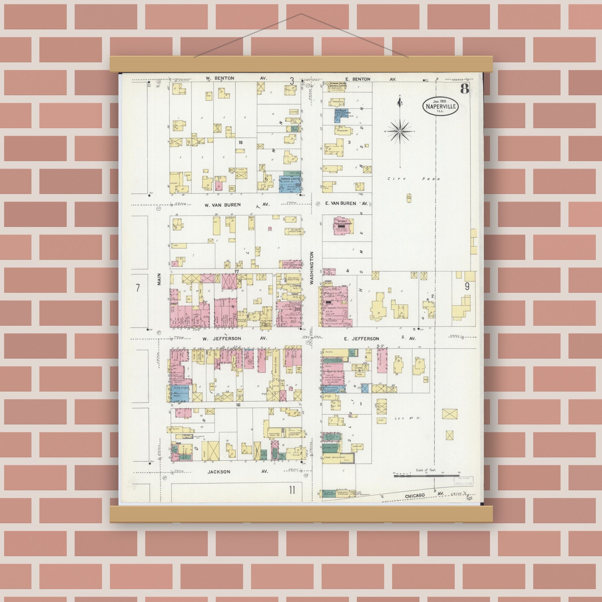 Old map wall art mockup — magnetic wood frame on brick wall — Sanborn Fire Insurance Map from Naperville, Du Page County, Illinois (1909), Sheet #0008