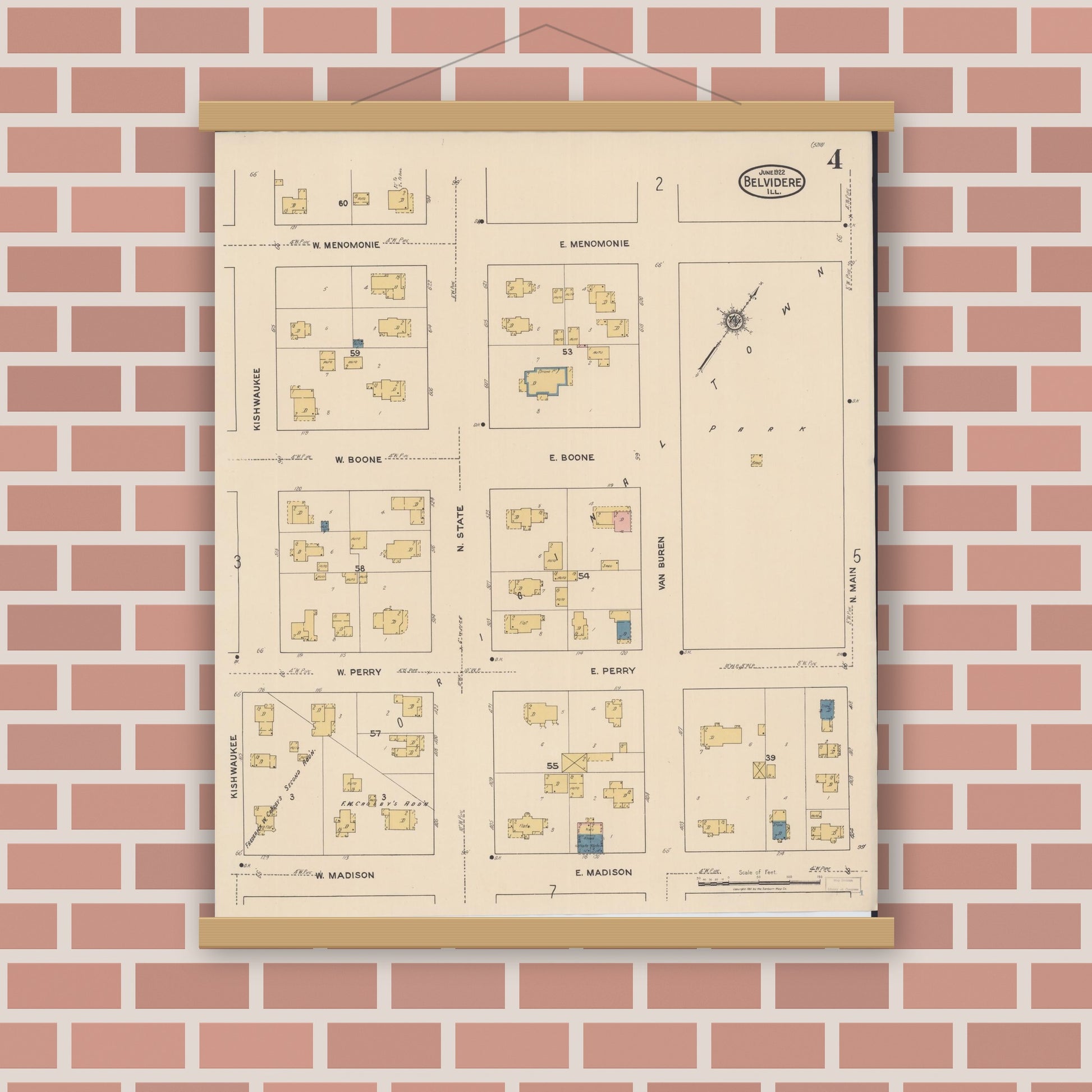 Old map wall art mockup — magnetic wood frame on brick wall — Sanborn Fire Insurance Map from Belvidere, Boone County, Illinois (1922), Sheet #0004