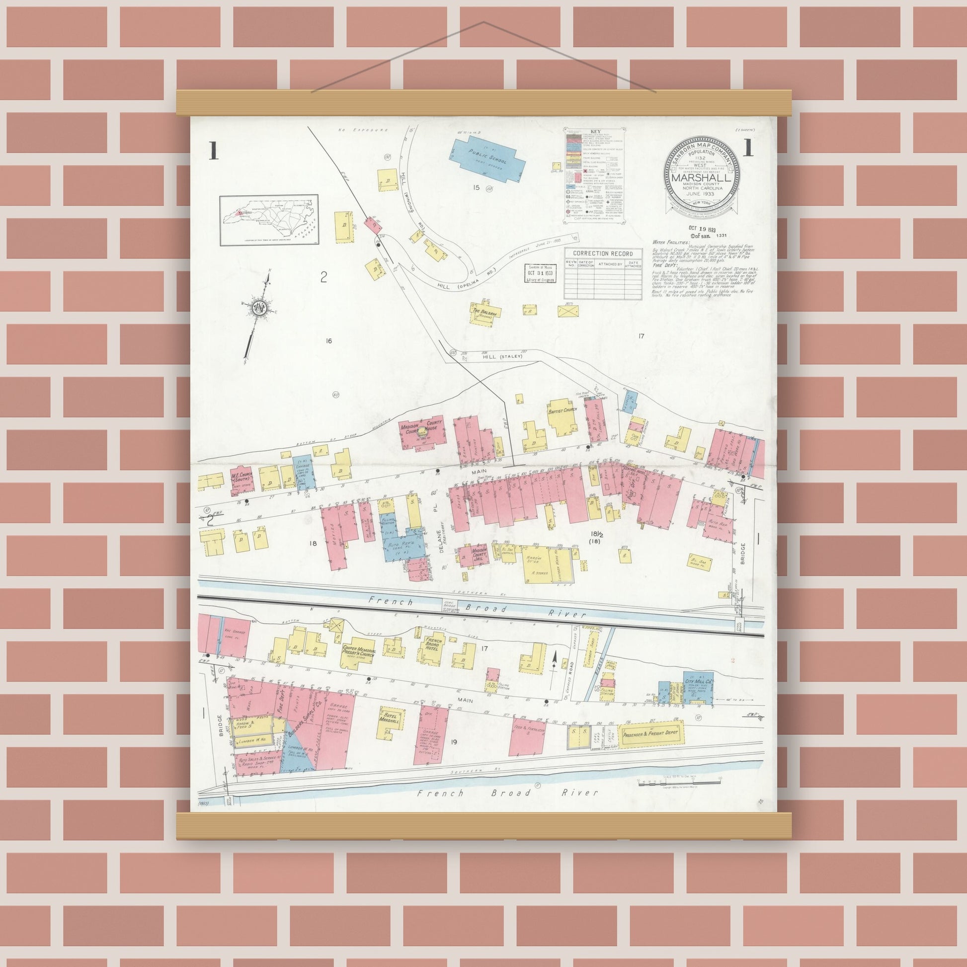 Old map wall art mockup — magnetic wood frame on brick wall — Sanborn Fire Insurance Map from Marshall, Madison County, North Carolina (1933) - Complete Map Set