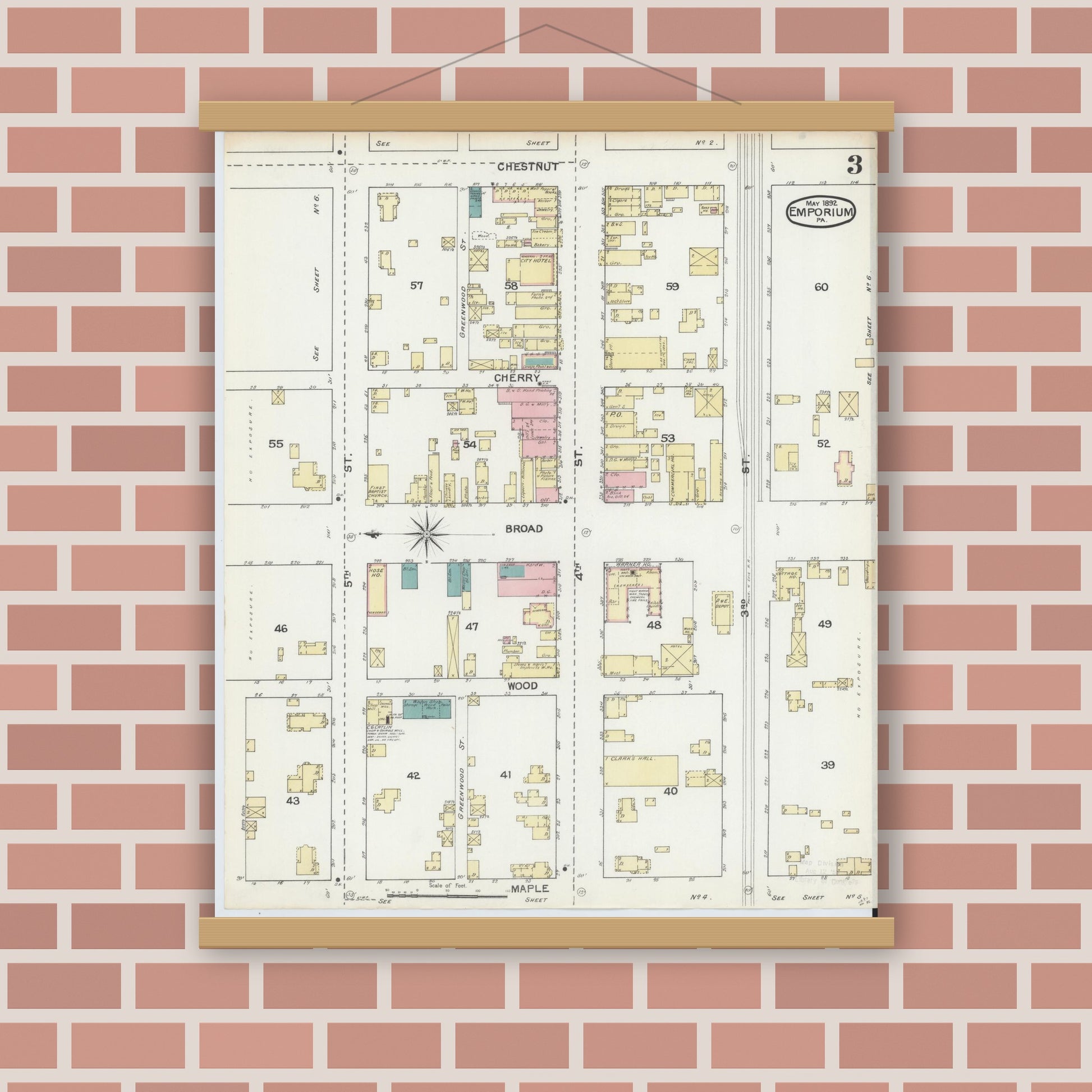 Old map wall art mockup — magnetic wood frame on brick wall — Sanborn Fire Insurance Map from Emporium, Cameron County, Pennsylvania (1892), Sheet #0003