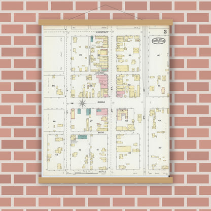 Old map wall art mockup — magnetic wood frame on brick wall — Sanborn Fire Insurance Map from Emporium, Cameron County, Pennsylvania (1892), Sheet #0003