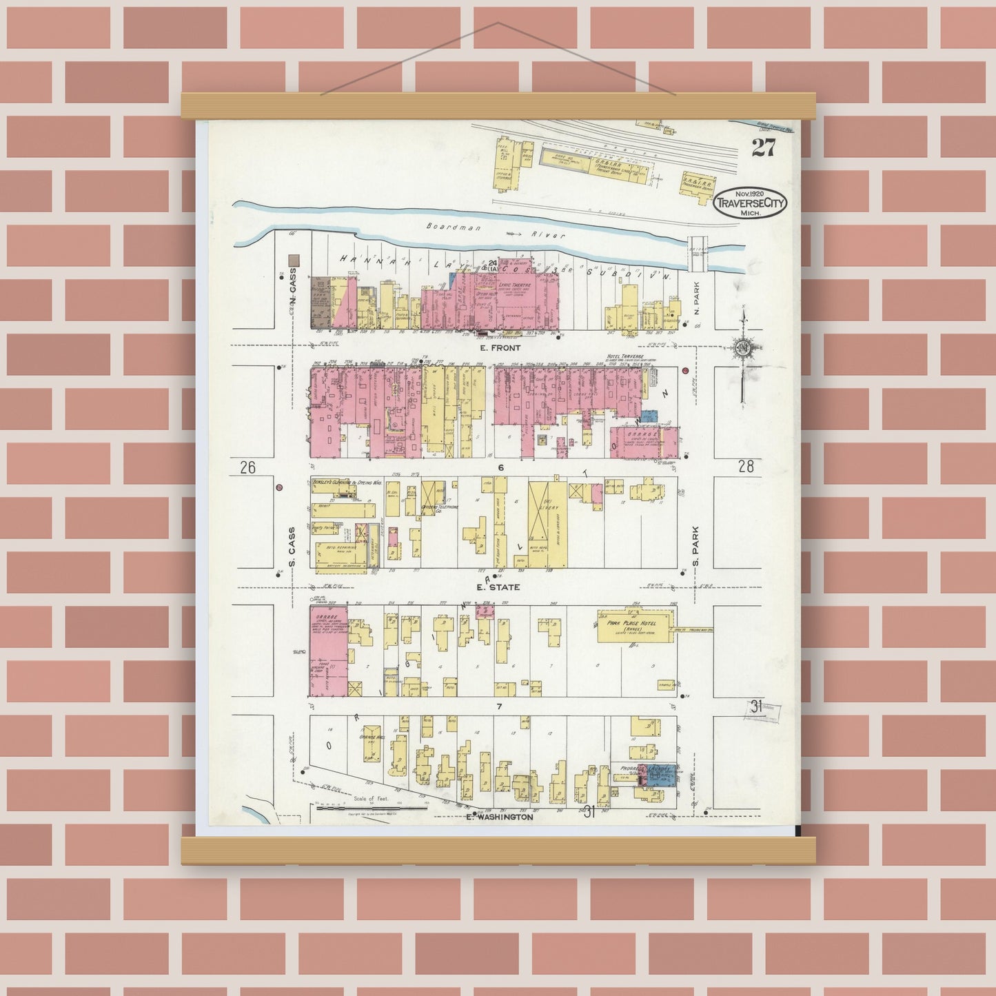 Old map wall art mockup — magnetic wood frame on brick wall — Sanborn Fire Insurance Map from Traverse City, Grand Traverse County, Michigan (1920), Sheet #0027