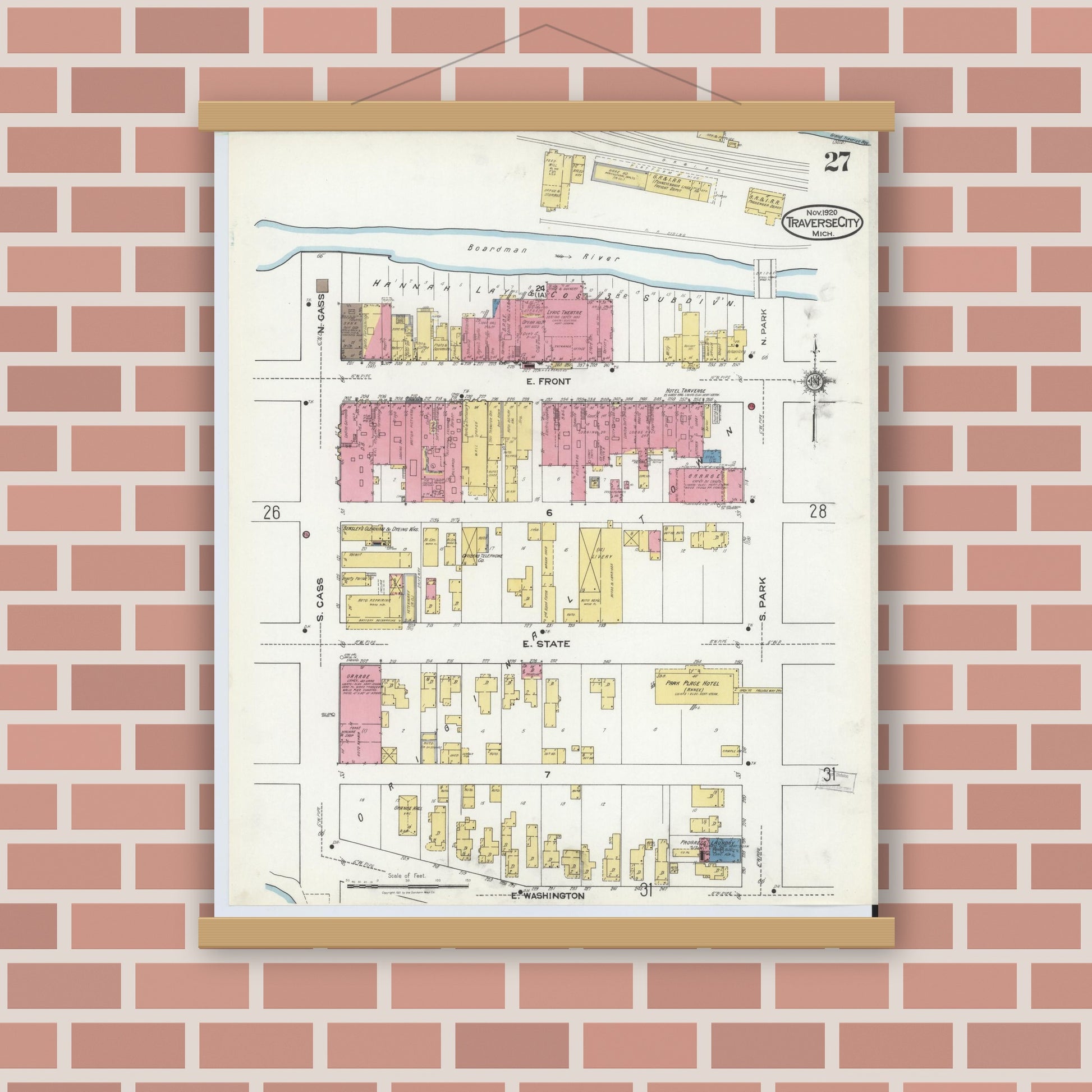 Old map wall art mockup — magnetic wood frame on brick wall — Sanborn Fire Insurance Map from Traverse City, Grand Traverse County, Michigan (1920), Sheet #0027